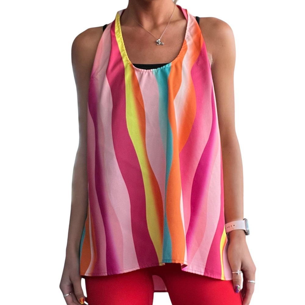 Colorful Striped Halter TankTop XL Tie Neck Backless Flowy Summer Retro Festival